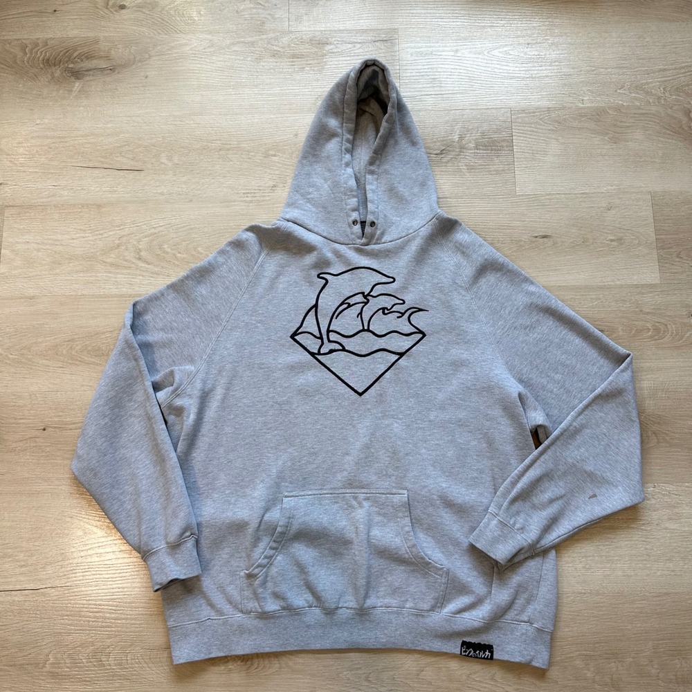 Pink Dolphin Hoodie Oversized Waves Graphic Y2K Streetwear Gray 4XL Skater